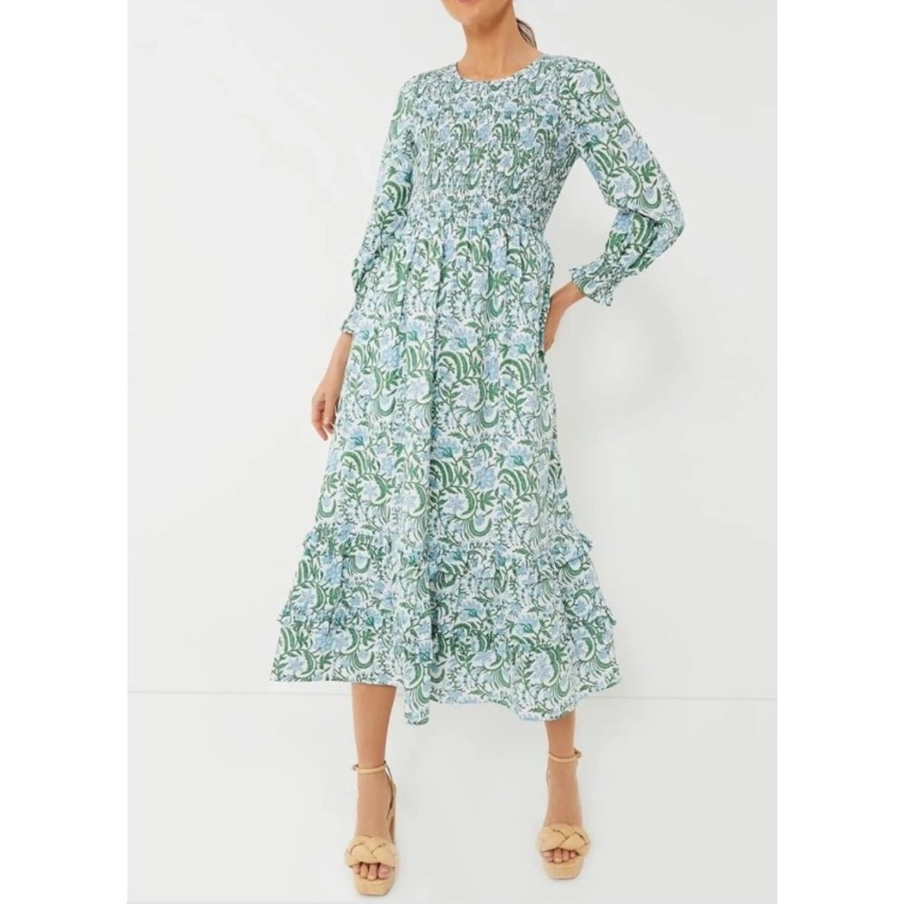 Pink City Prints Isabel Midi Dress Women's Medium Vintage Jungle Prink Smocked